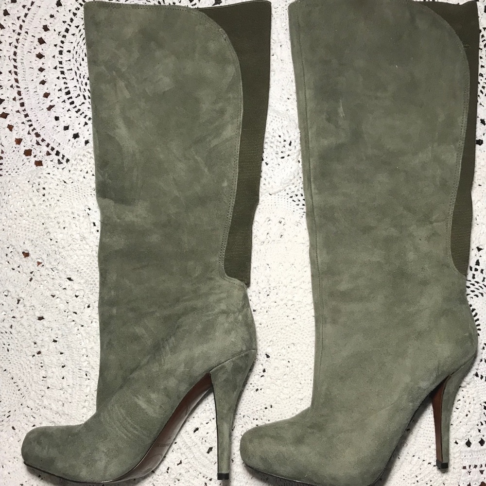 Gray suede Knee High Heel Boots